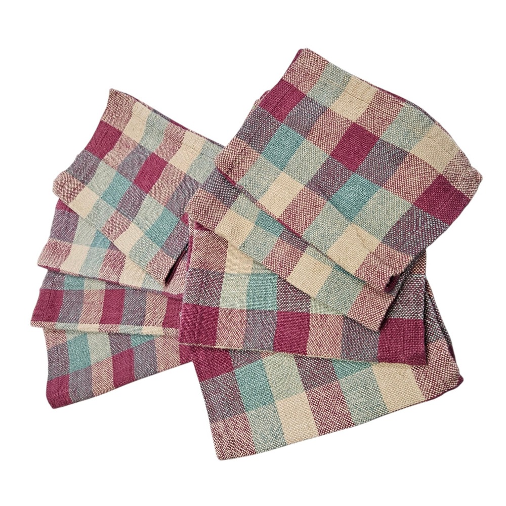 Pottery Barn Placemats Set of 8 Cotton‎ Woven Plaid Burgundy Teal Beige Country